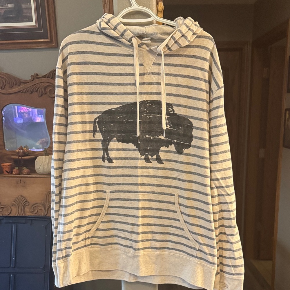 Buffalo Print Striped Hoodie in Gray and Cream